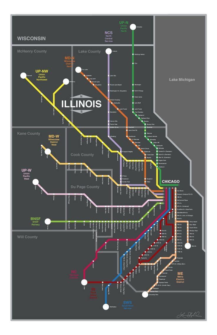 metra vlak mapa Chicago