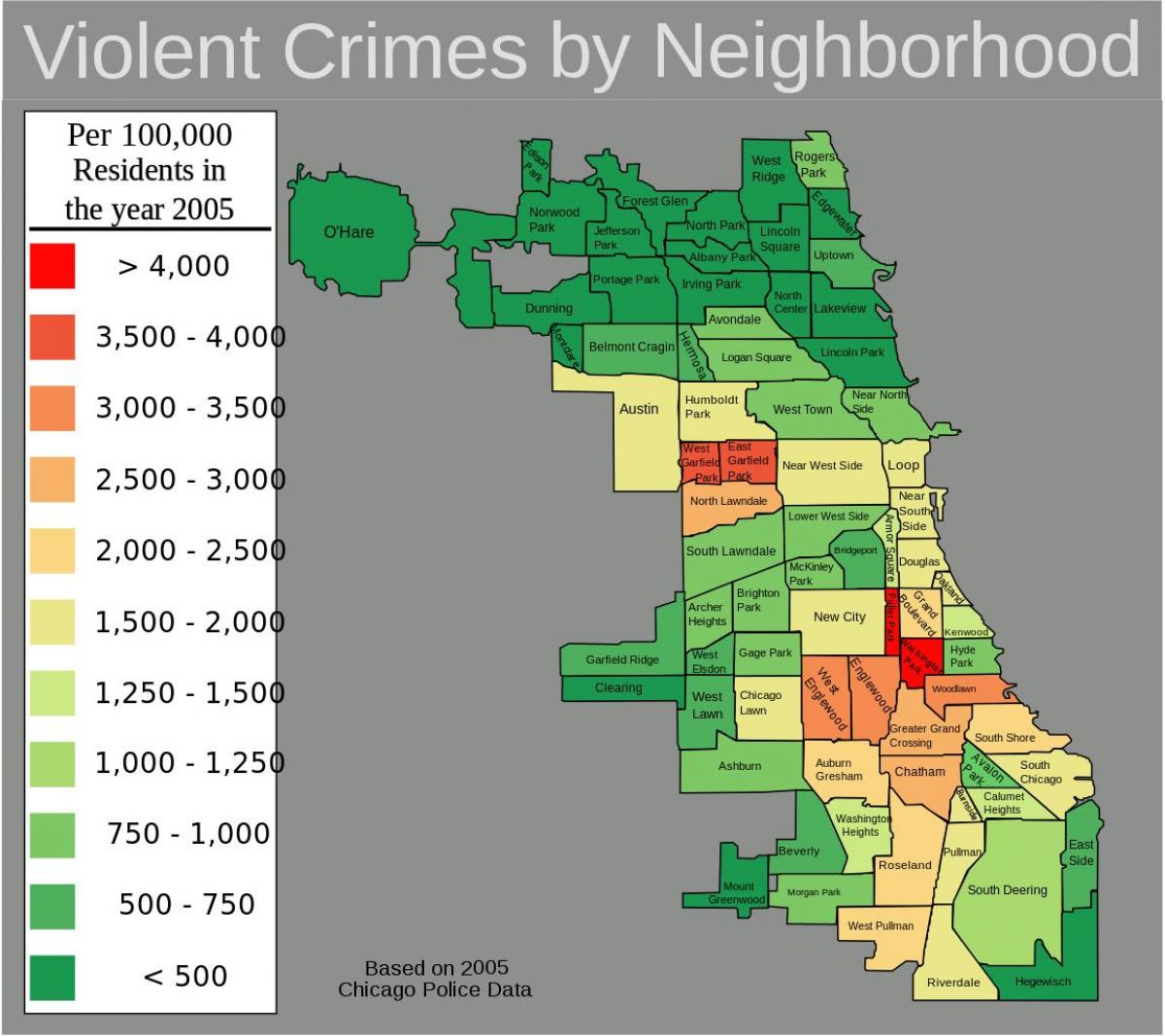 špatné oblasti Chicaga mapě
